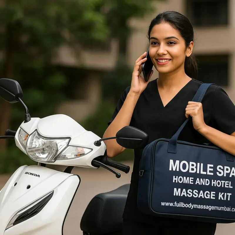 Mobile spa female therapist on scooter carrying massage kit for home and hotel service in Mumbai