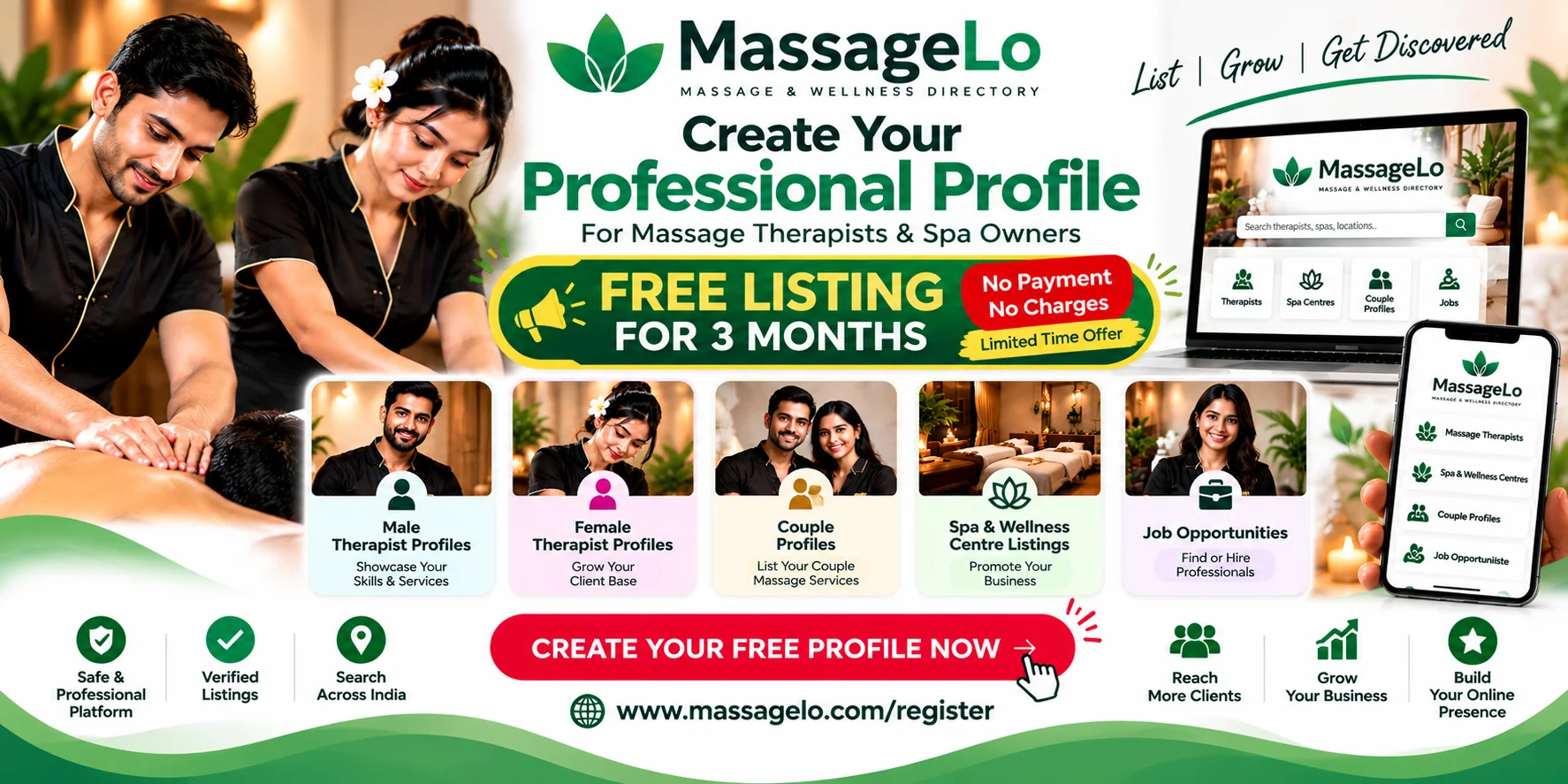 MassageLo: Free three-month listings for male and female massage therapists, couple profiles, and spa and wellness centres